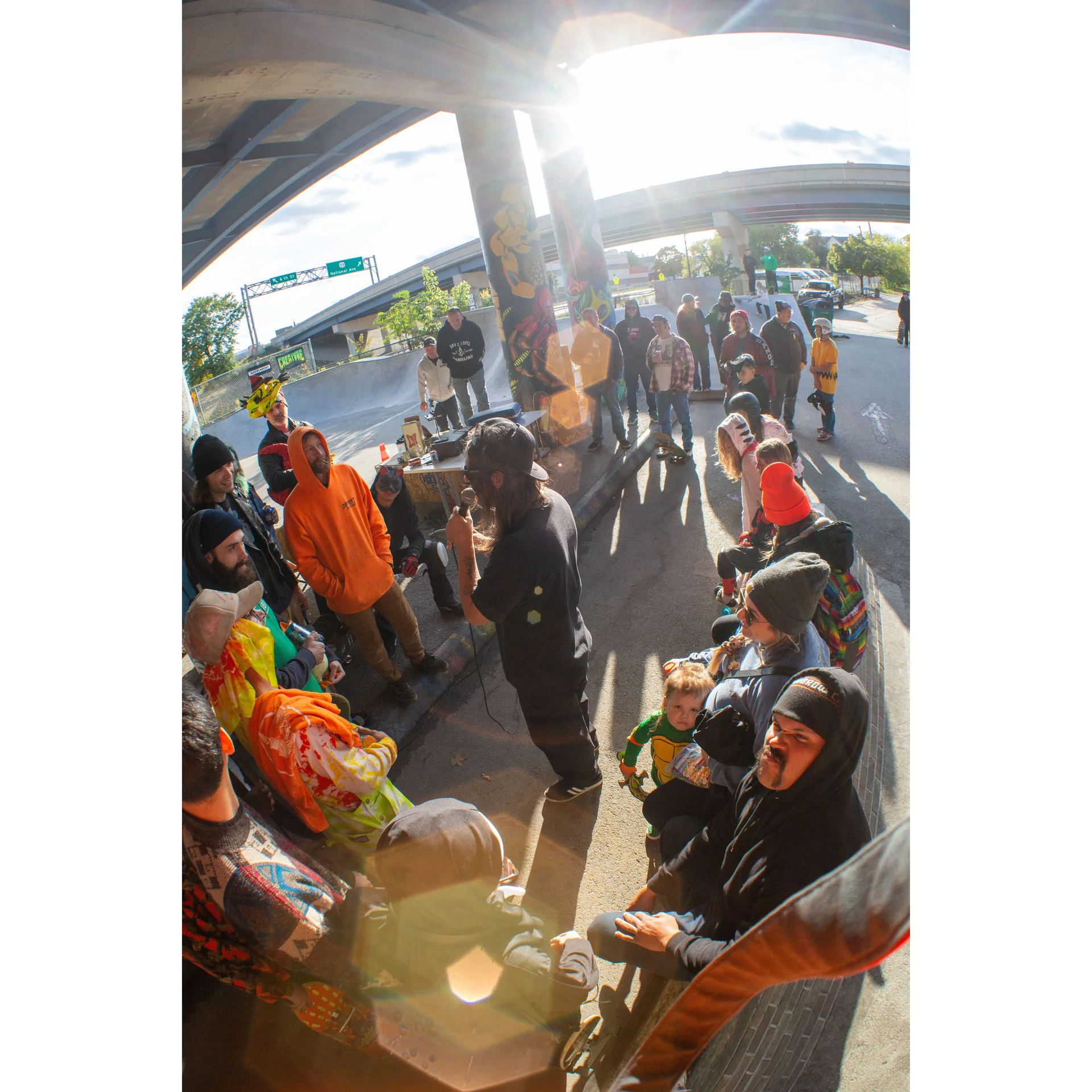 Sam Hitz MCing National DIY's Halloween skate jam